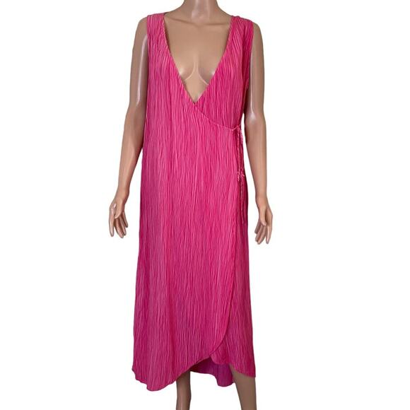 Pink dress true wrap lightweight crinkle cut V-neck waist tie SZ LG Boho vibrant - Picture 2 of 9